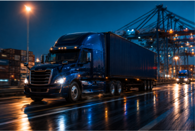 Haulflair drayage truck hauling a container at a US port terminal